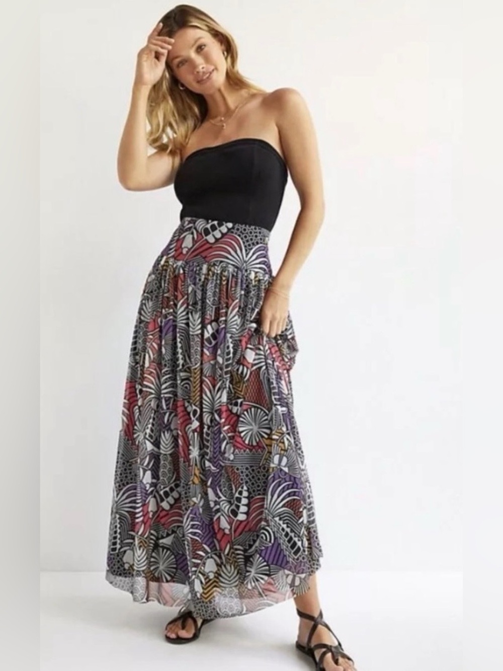 FARM RIO x ANTHROPOLOGIE Tropical Mesh Maxi Skirt in Abstract Botanicala